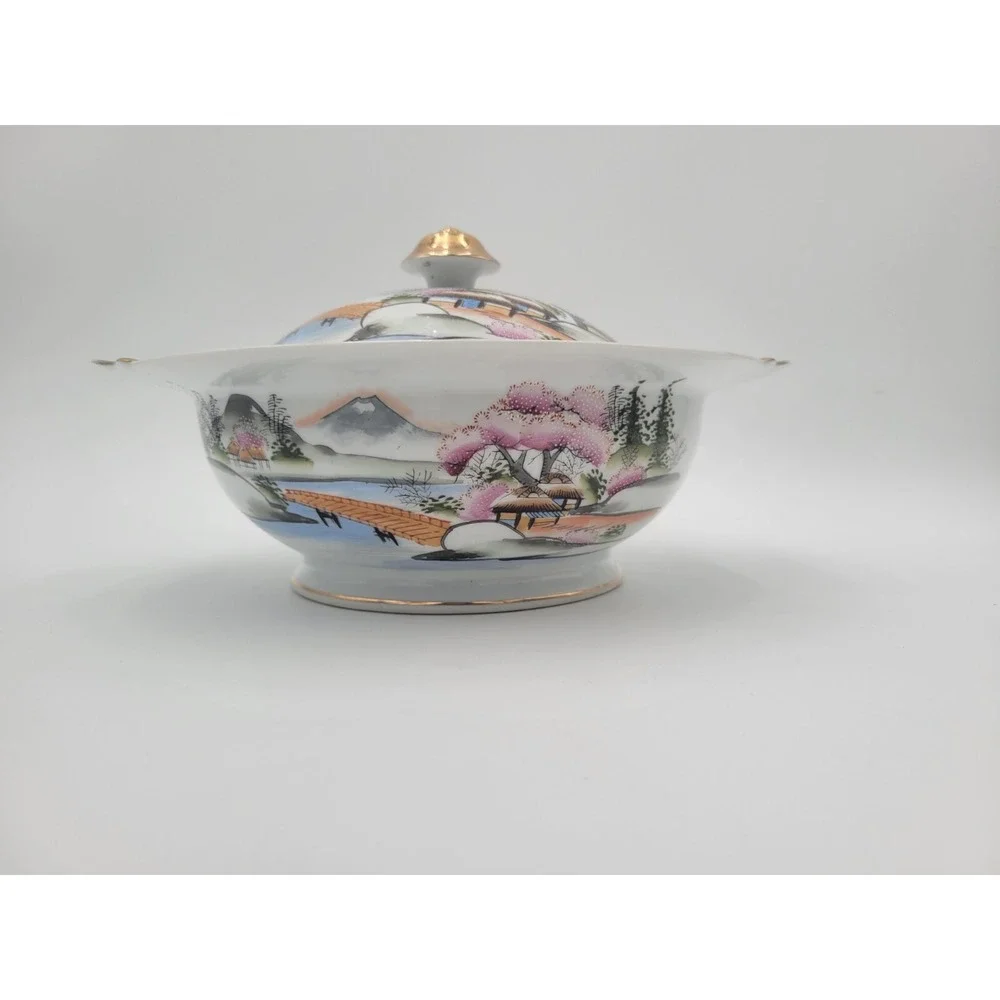 Kutani China Tureen Japan Bridge Textured pink trees KUT21‎ bowl lid AS-IS